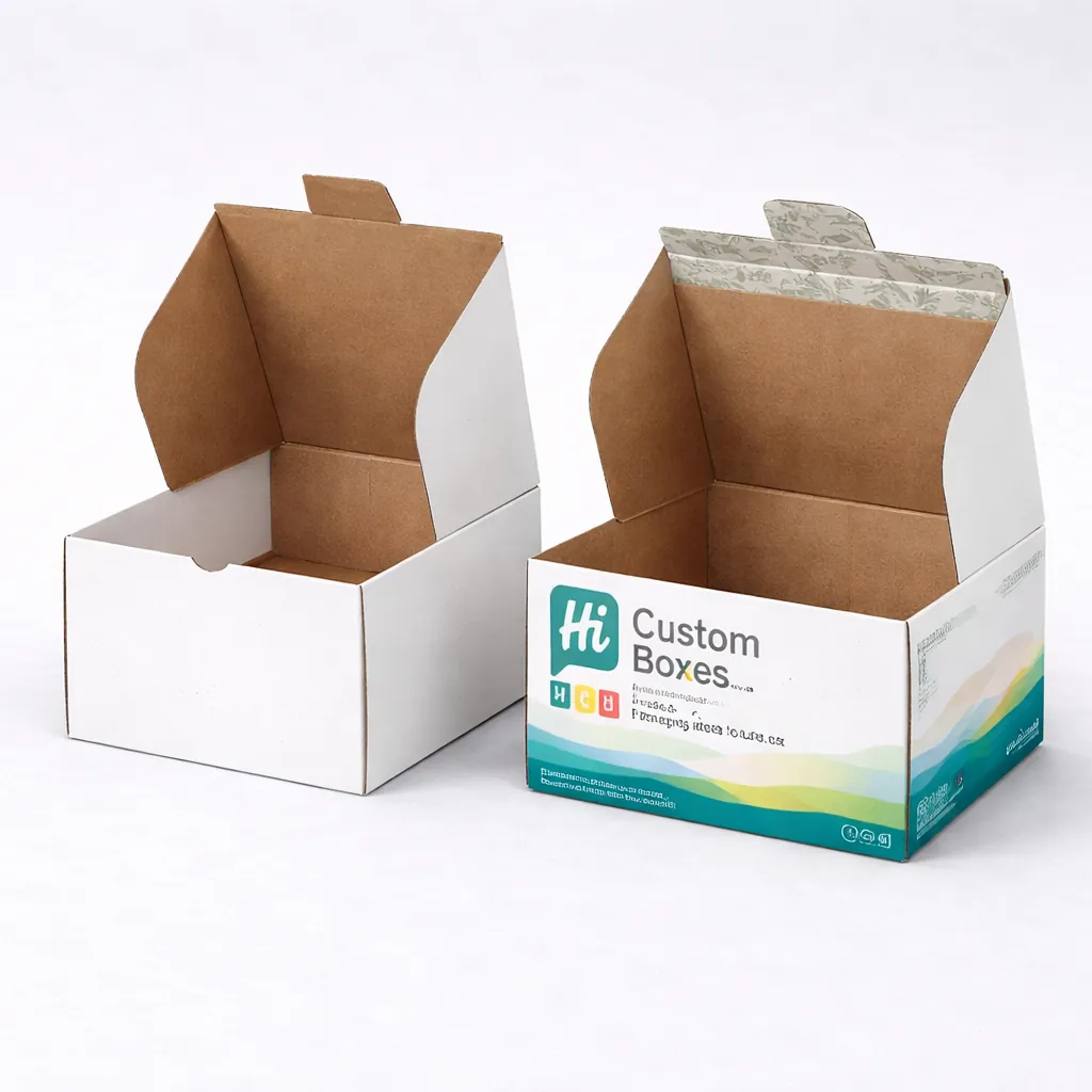 Wholesale corrugated cardboard boxes with a tuck-top lid, shown in plain white and bespoke colourful branding. class=